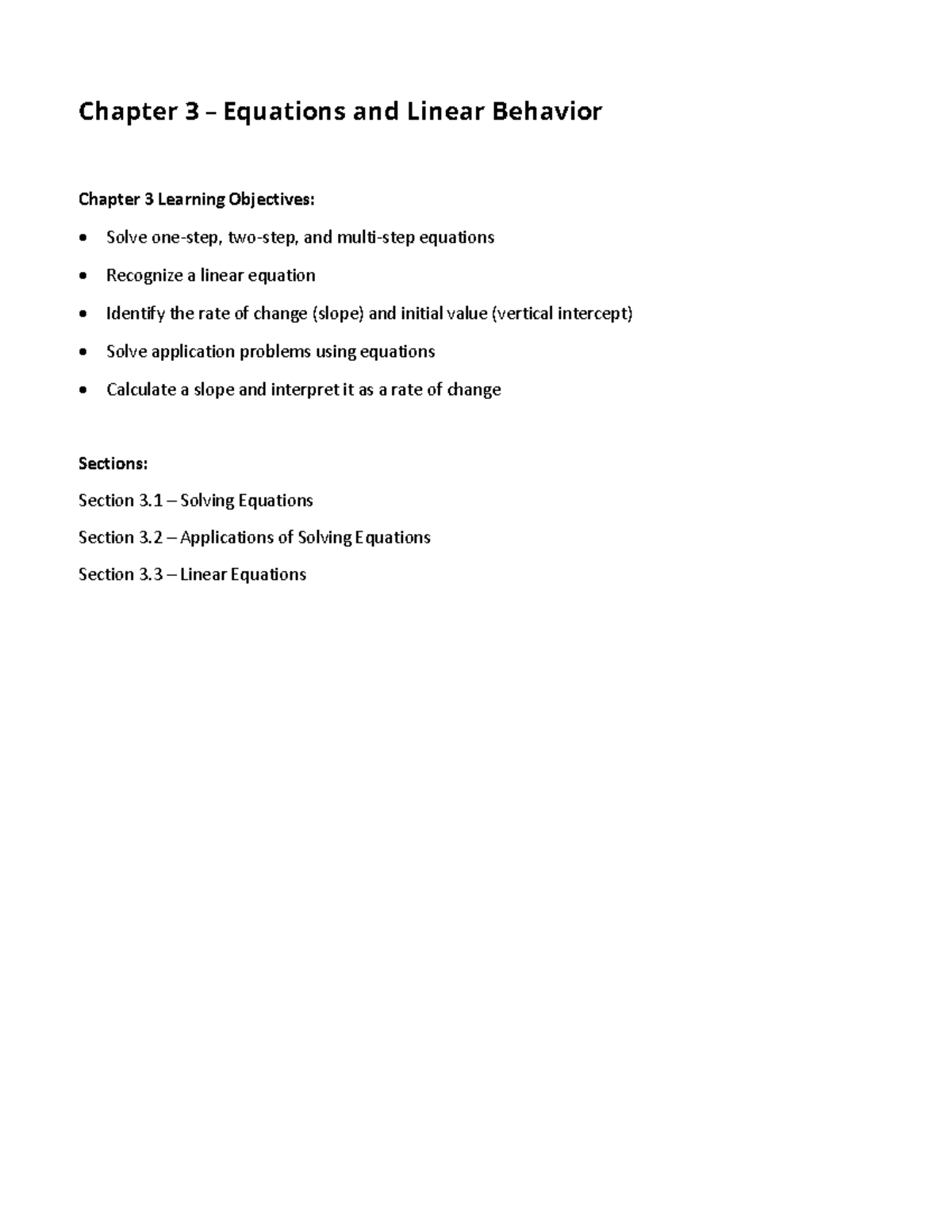 Chapter 3: Equations and Linear Behavior - Learning Objectives and Key ...