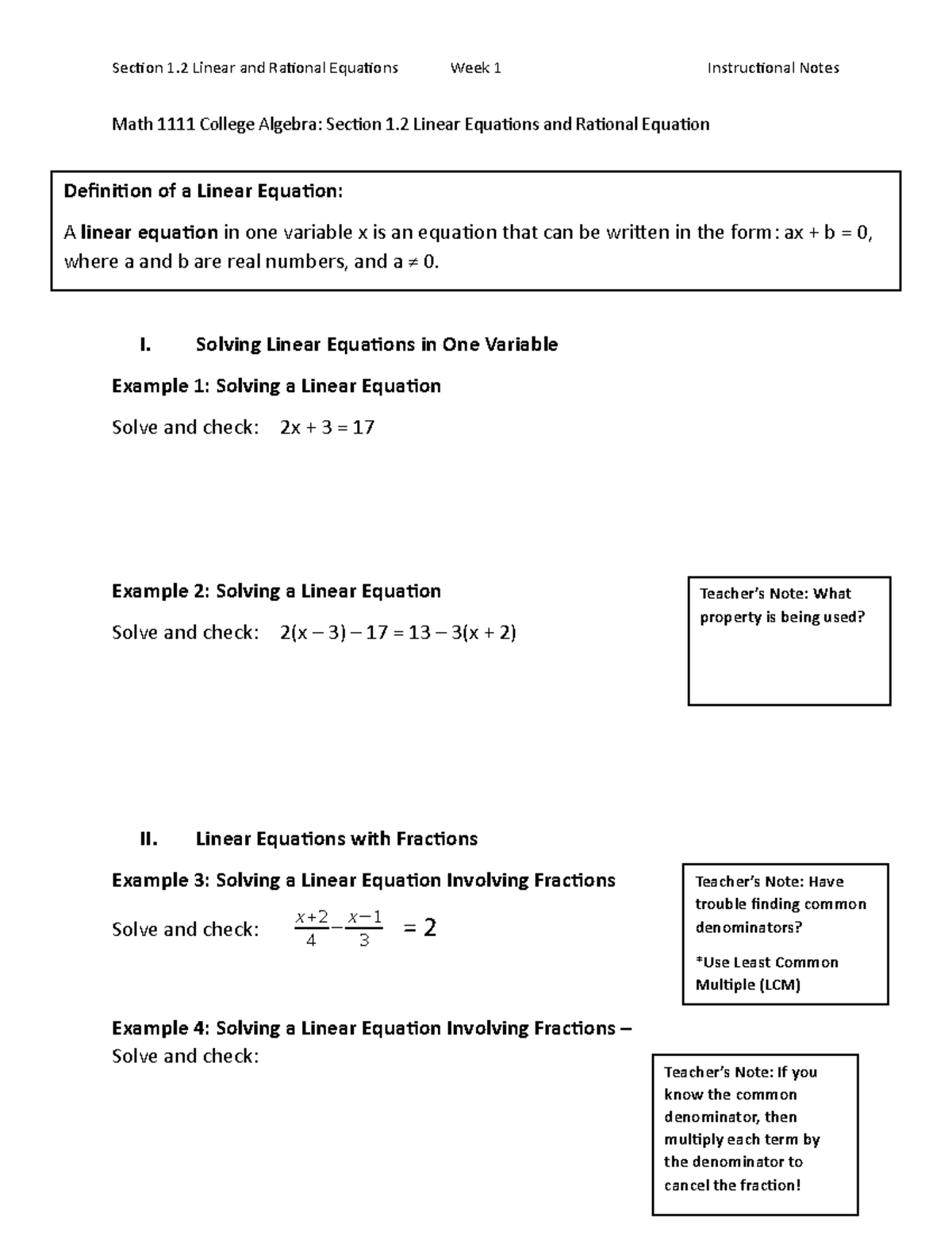 Math 1111: Section 1.2 Linear and Rational Equations Notes - Studocu