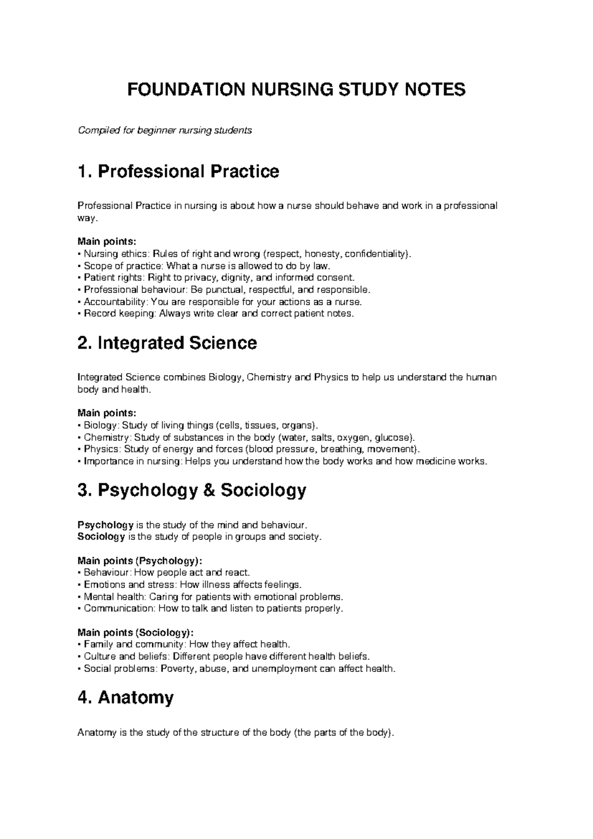 FOUNDATION NURSING STUDY NOTES (COMPLETE) for Beginner Students - Studocu