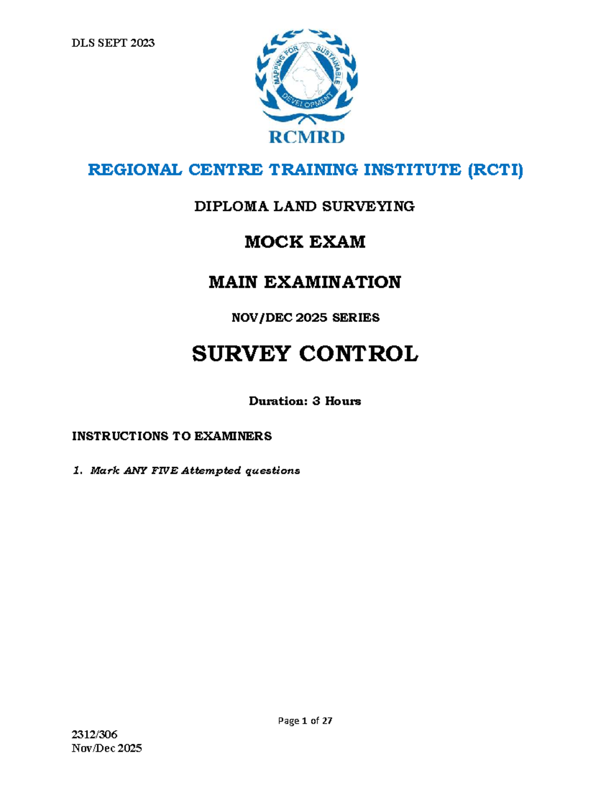 DLS 2023 MOCK EXAM: Diploma in Land Surveying Main Exam Guide - Studocu