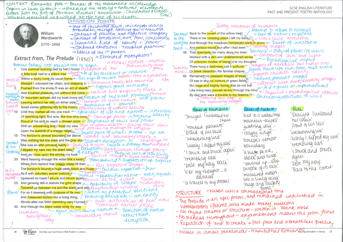AQA English Literature: Annotations on Romantic Poetry and The Prelude ...
