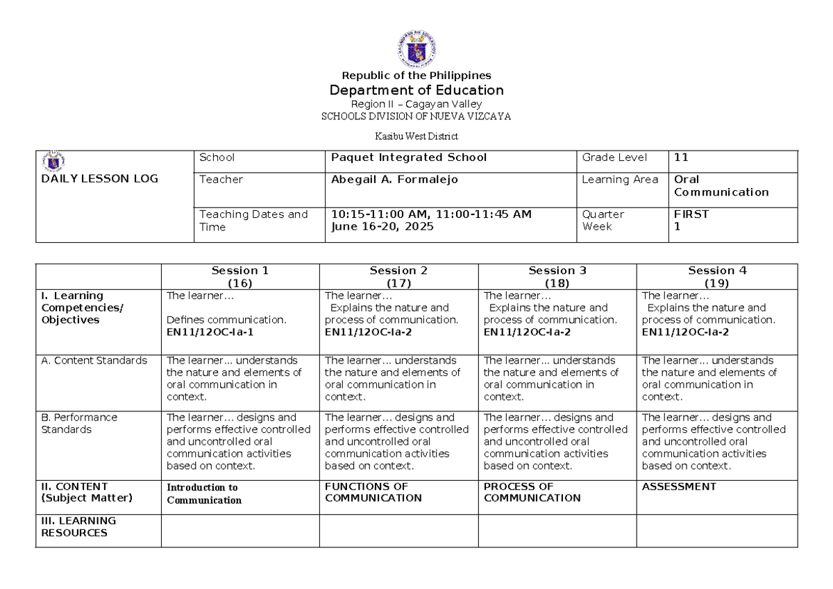 DLL on Oral Communication Q1 Week 1 (June 16-20, 2025) - Studocu