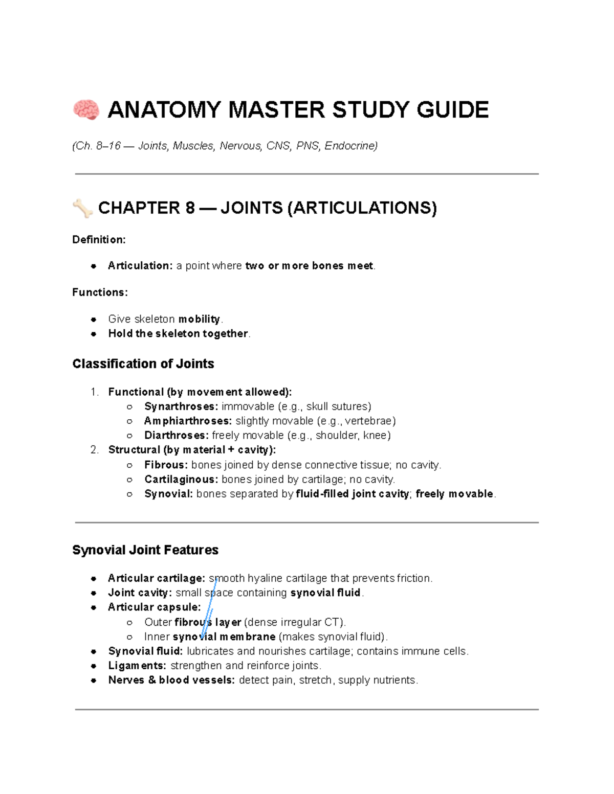 Anatomy Master Study Guide: Joints, Muscles, Nervous System - Studocu