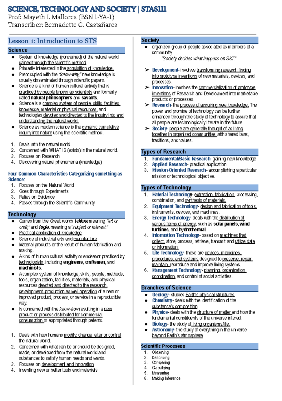 STAS111 - Prelims - STS Intro & Historical Antecedents Notes - Studocu