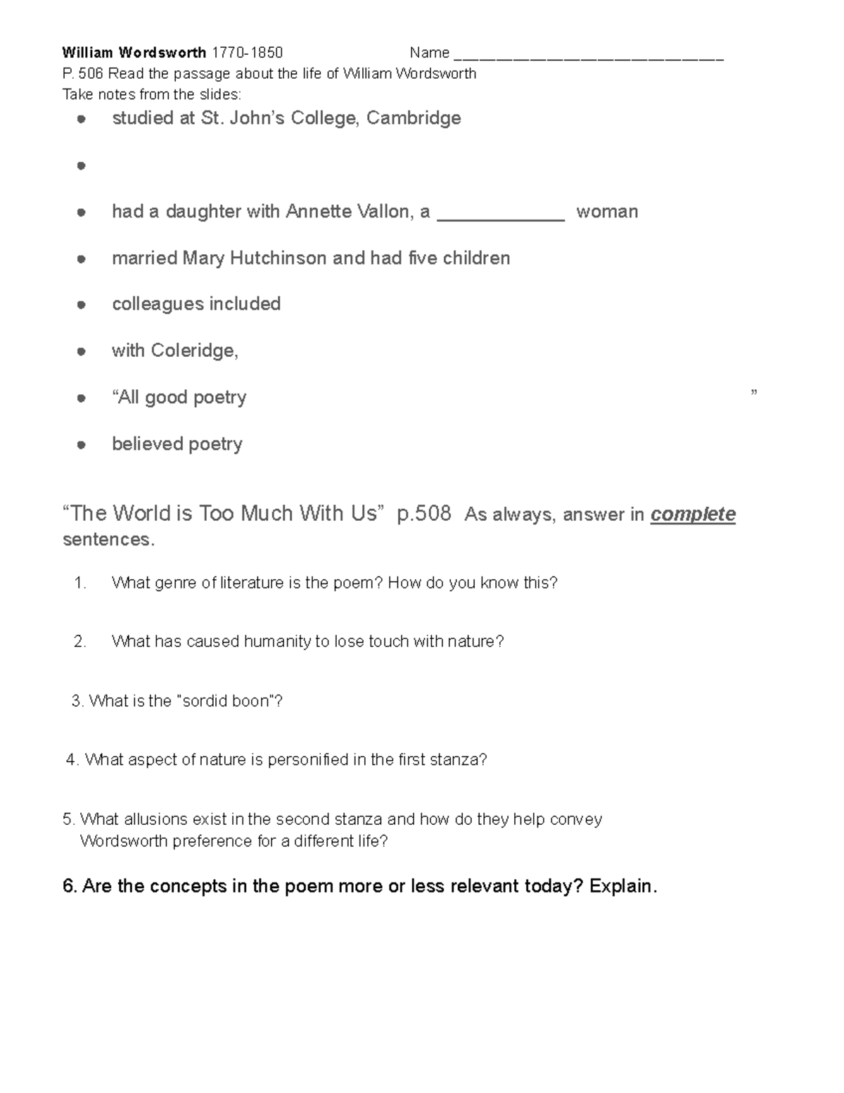 William Wordsworth study guide - William Wordsworth 1770-1850 Name