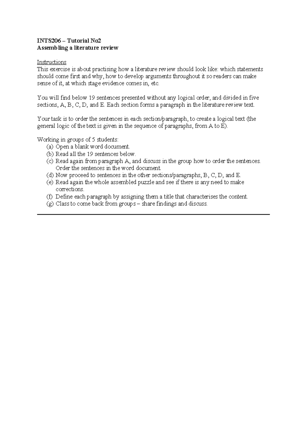 INTS206 Tutorial 2: Assembling a Literature Review Guide - Studocu