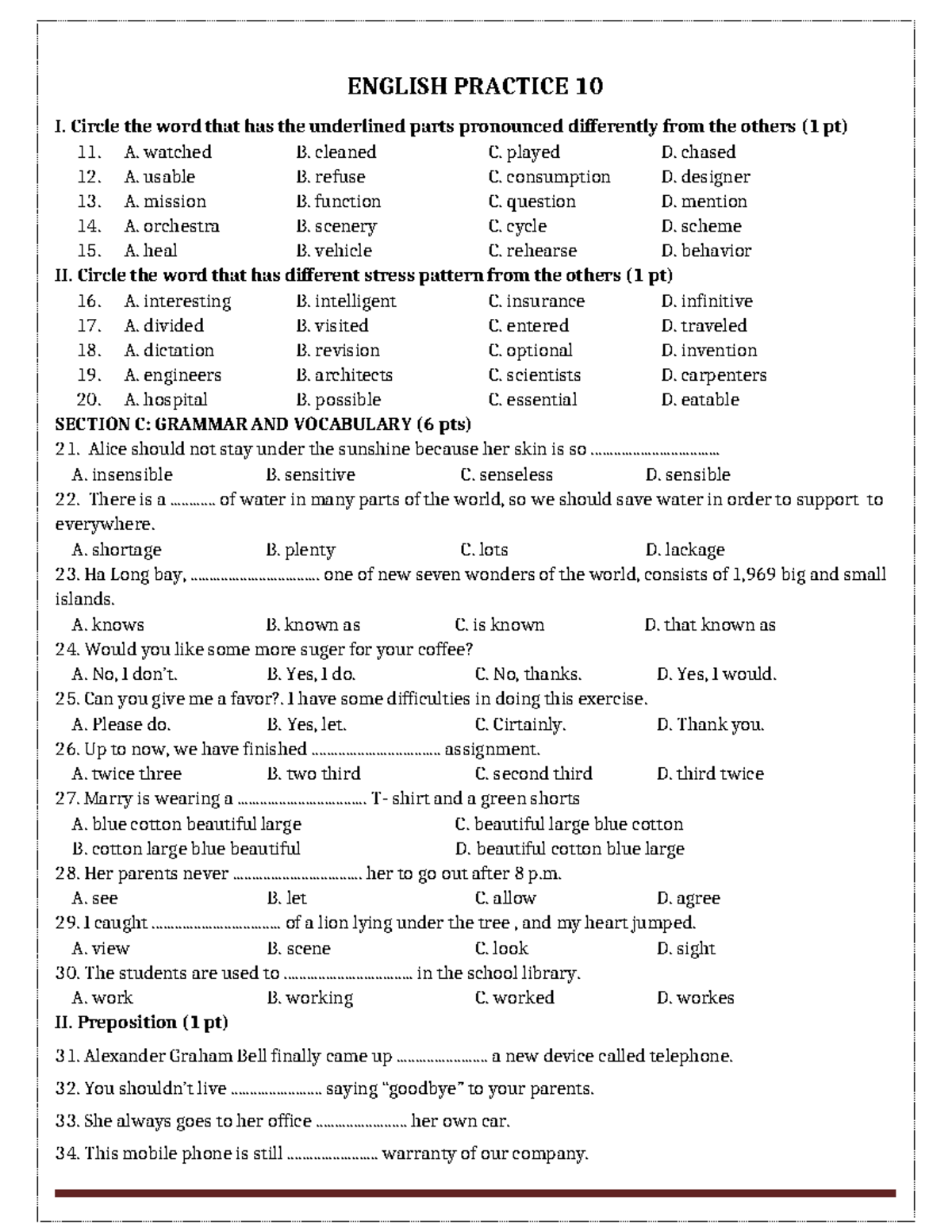 ENGLISH PRACTICE 10: Pronunciation, Grammar & Vocabulary Exercises
