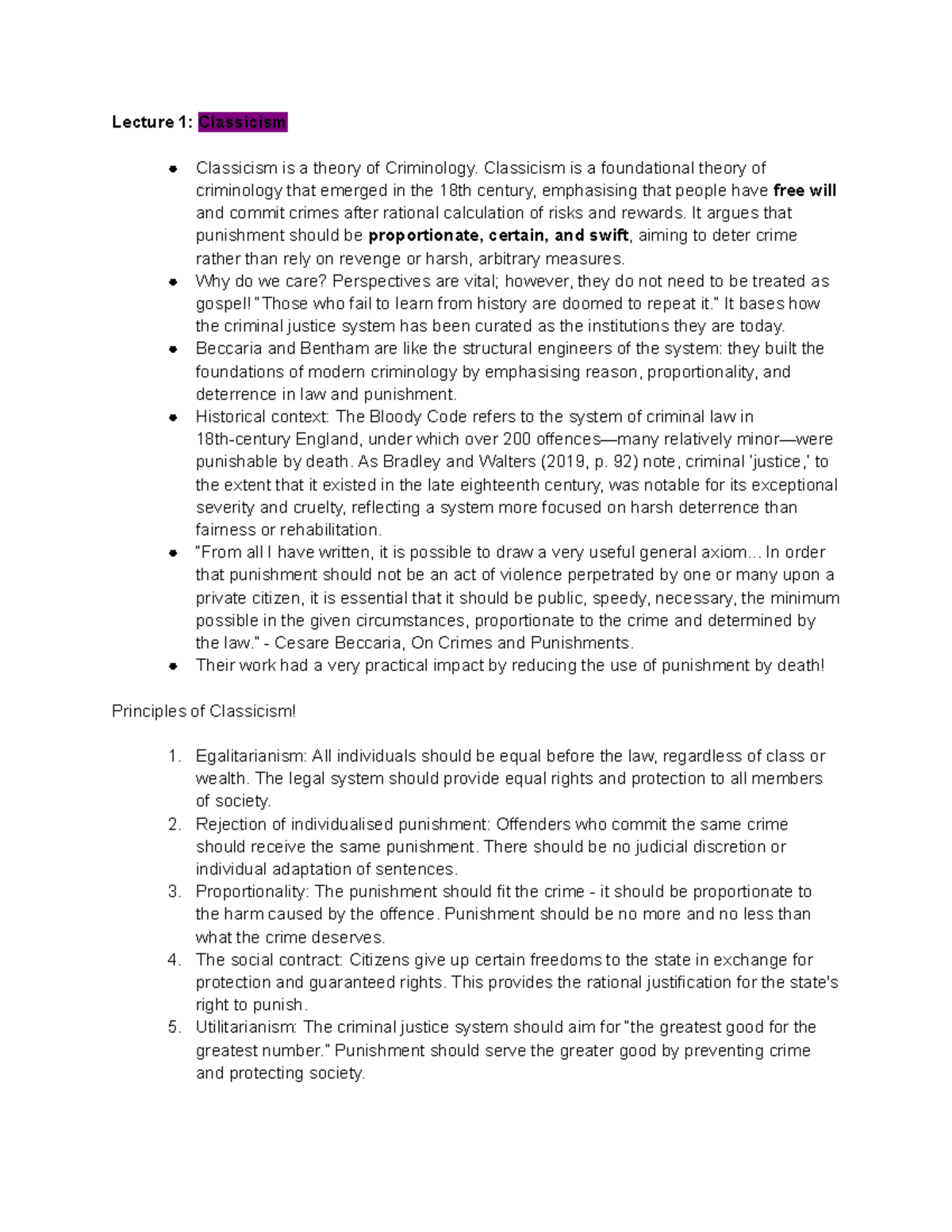 CRIM111 Week 2 - Lecture Notes on Classicism and Positivism - Studocu