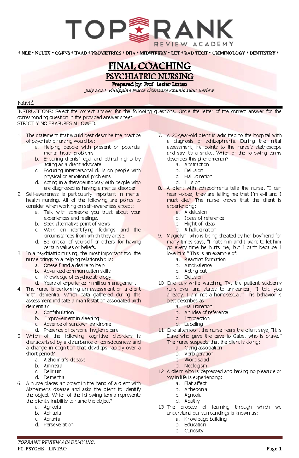 FC - Psychiatric Nursing Final Exam Review Questions & Answers - Studocu