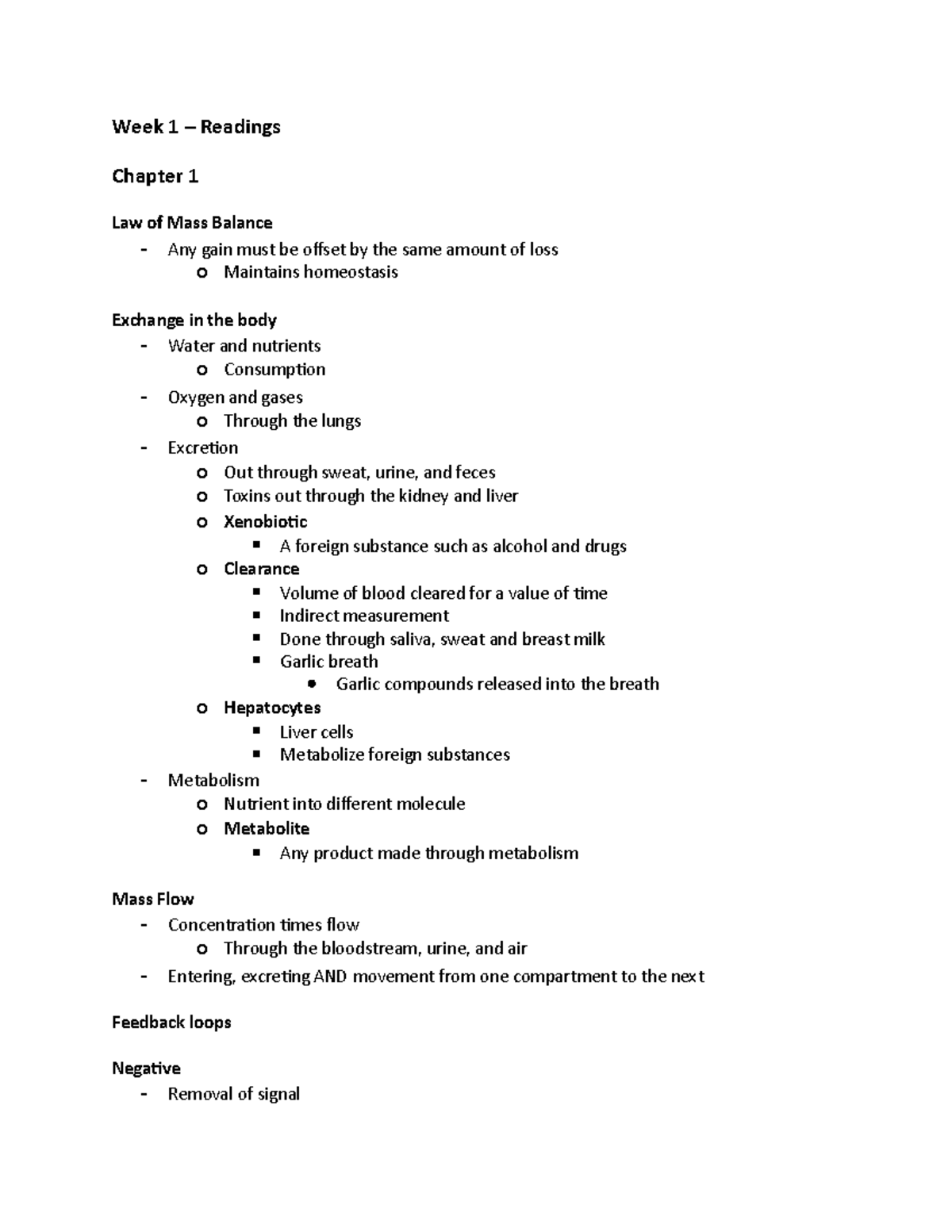 BIOL 273 - Readings - Week 1 – Readings Chapter 1 Law of Mass Balance ...