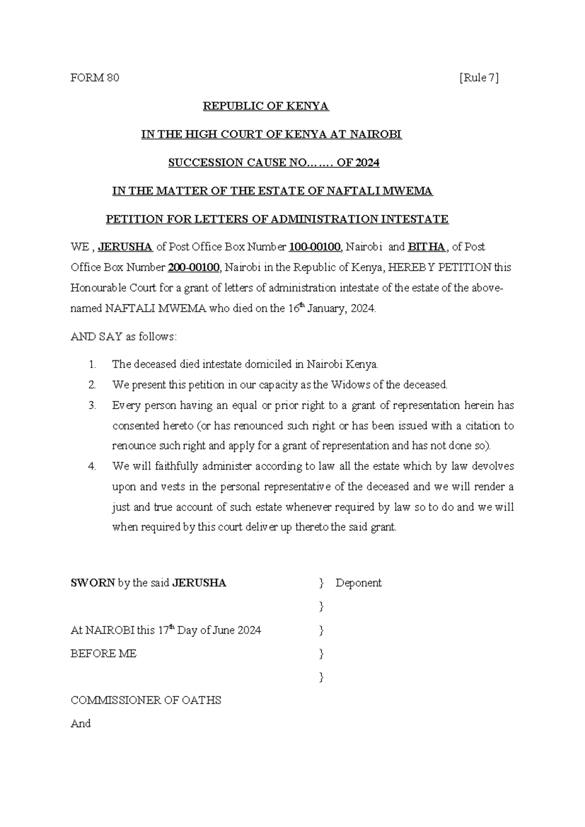 FORM 80: Petition for Letters of Administration - Estate of Naftali ...
