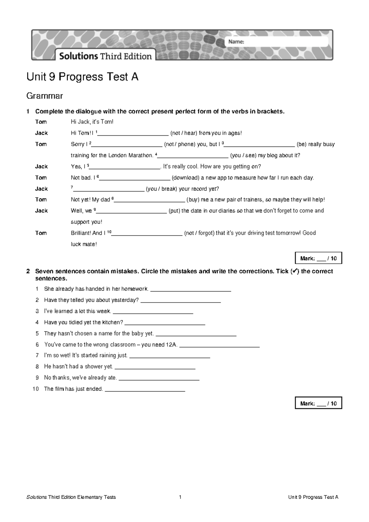 Unit 9 Progress Test A: Grammar, Vocabulary, and Reading Solutions ...