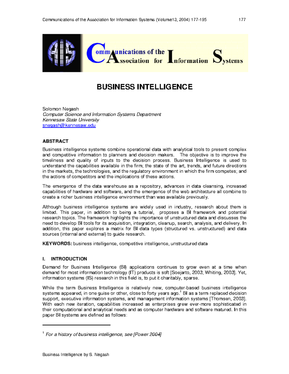 Businessintelligence - BUSINESS INTELLIGENCE Solomon Negash Computer ...