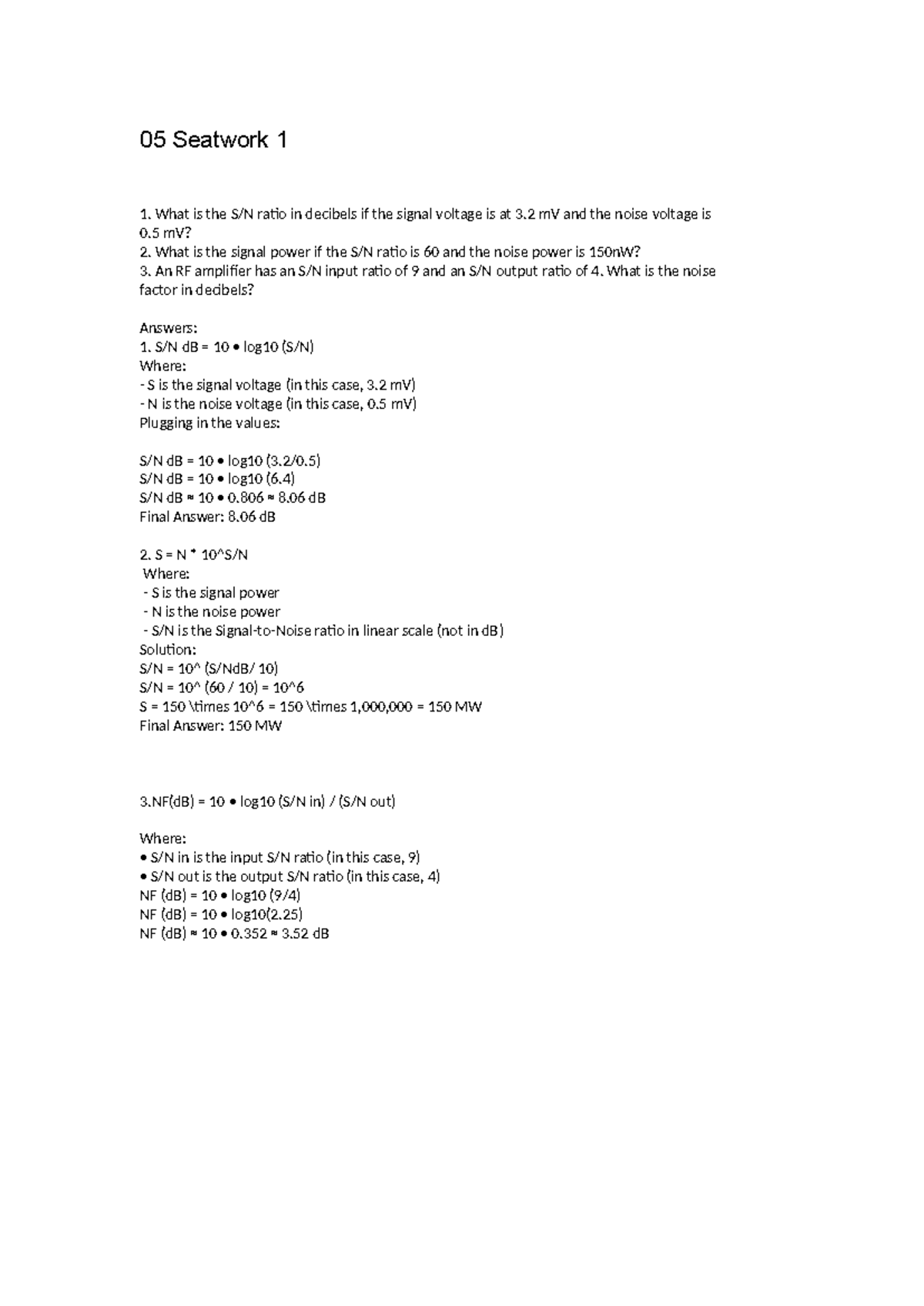05 Seatwork 1 - Signal and Noise Analysis in Decibels - Studocu