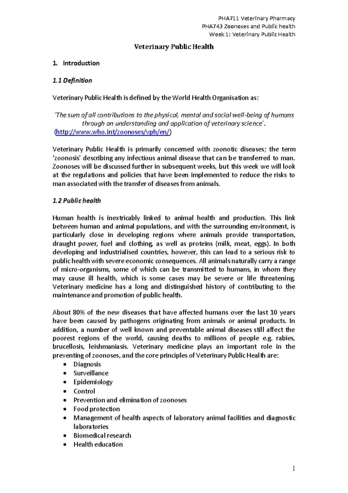 Week 1 Veterinary Public Health - PHA711 Veterinary Pharmacy PHA743 ...