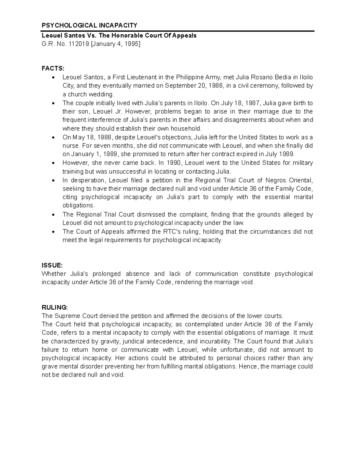 PFR Case Digest: Psychological Incapacity and Marriage Nullity Cases ...