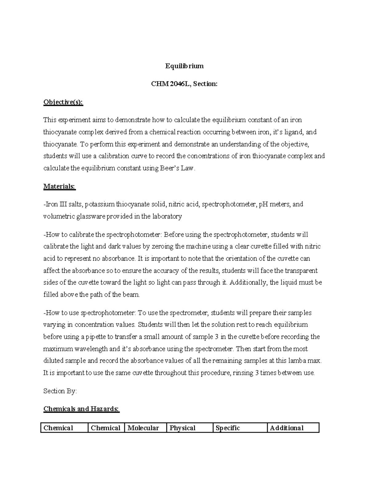 Equilibrium Constant Calculation in CHM 2046L Lab Experiment - Studocu