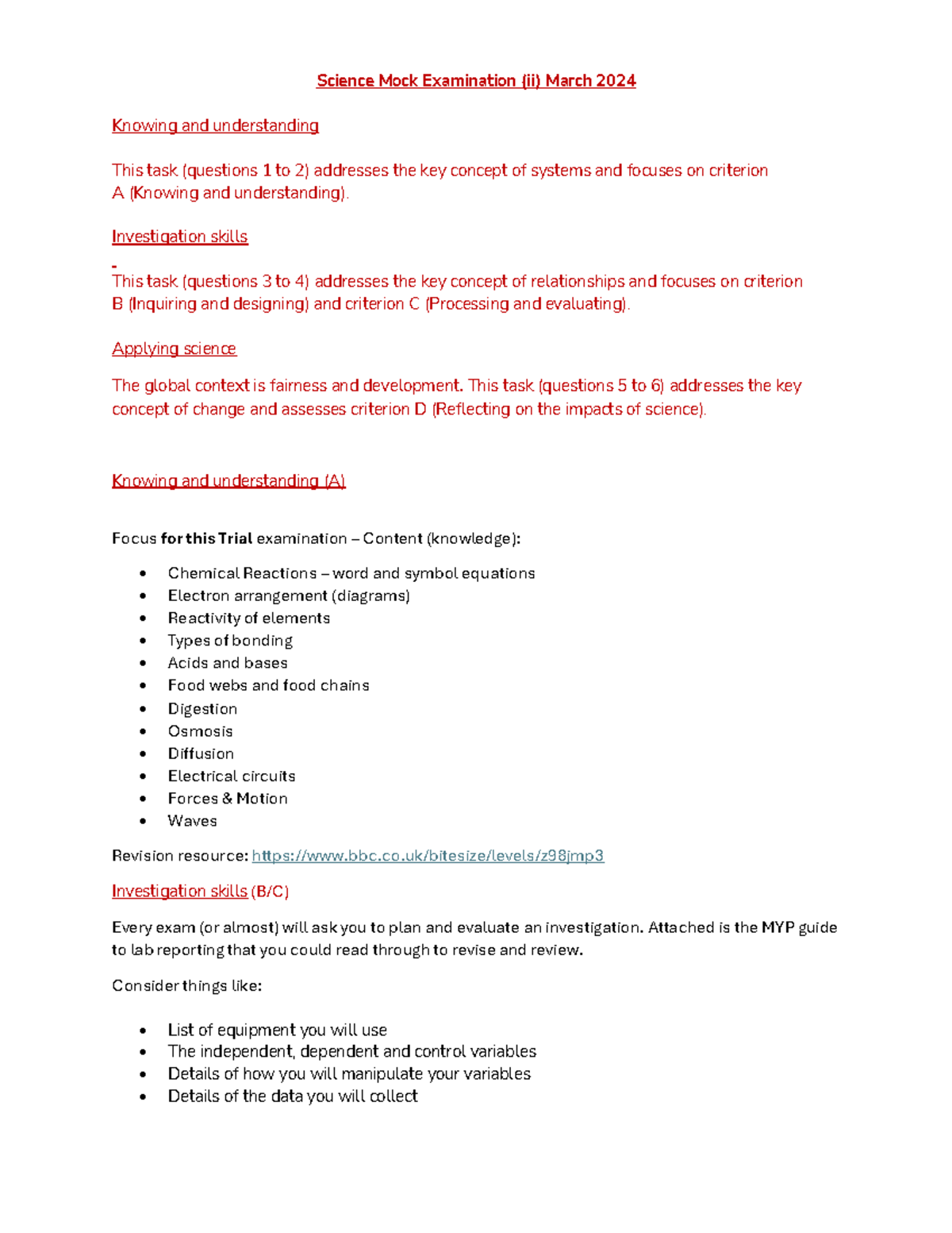 Science Mock Exam (ii) March 2024 Prep List for MYP - Studocu