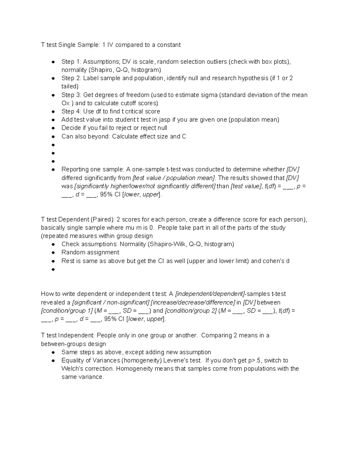 PSYC 316 Midterm Exam Cheat Sheet: T-Tests and ANOVA Overview - Studocu