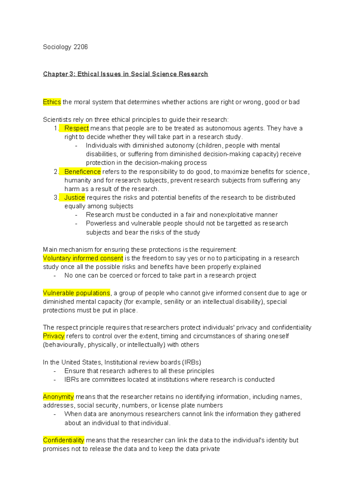 Textbook notes chapter 3 - Sociology 2206 Chapter 3: Ethical Issues in ...