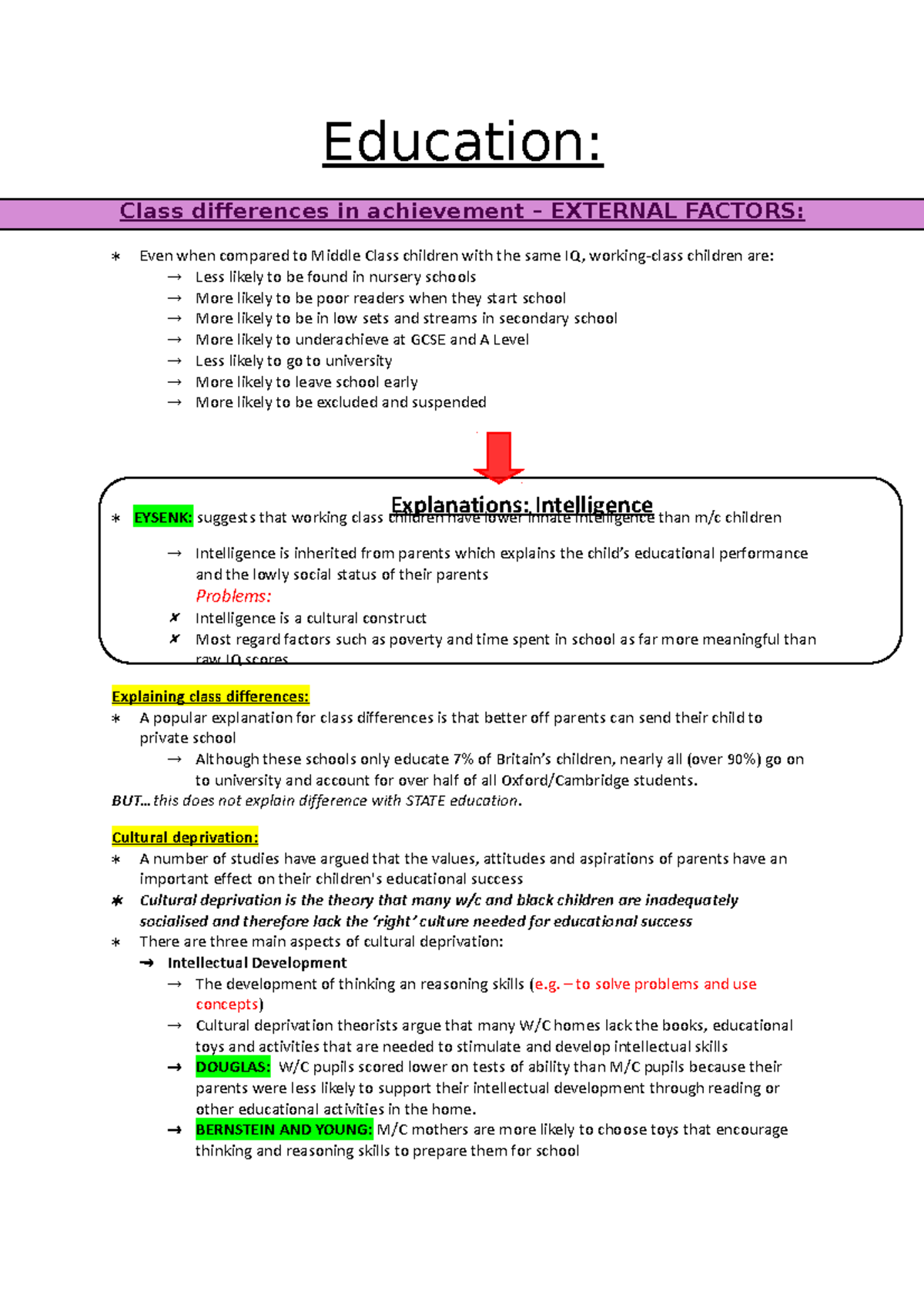 Education (ECO101): Class Differences in Achievement - External Factors ...
