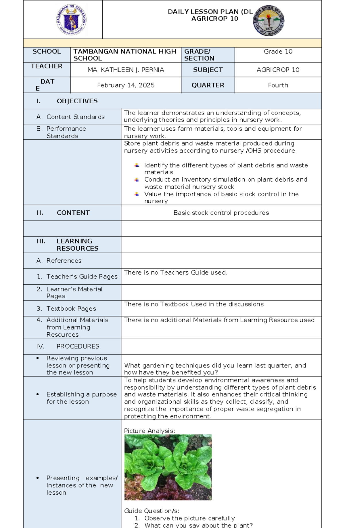 DAILY LESSON PLAN (DLL) AGRICROP 10 - GRADE 10 QUARTER 4 - Studocu