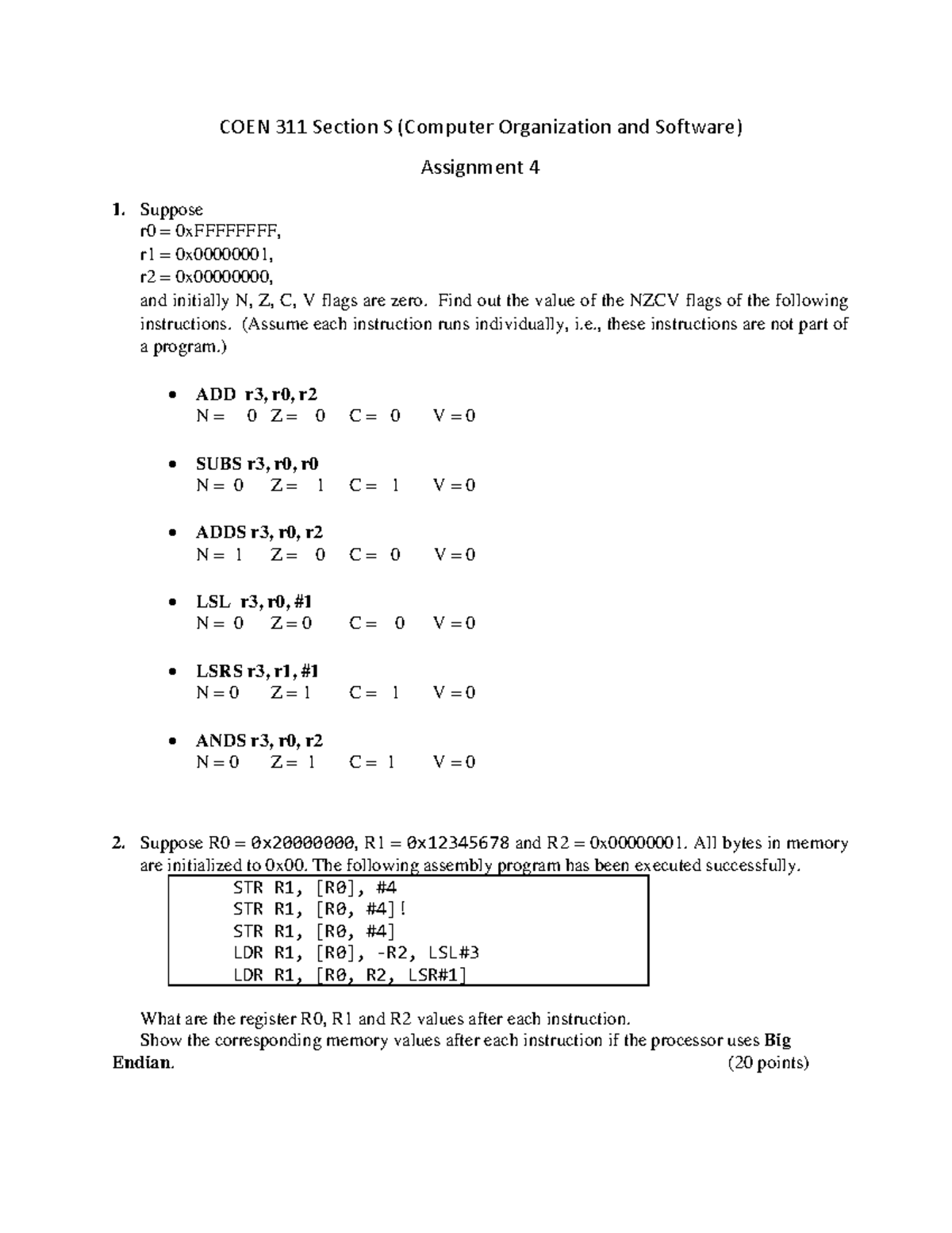 COEN 311 Assignment 4: NZCV Flags and Array Comparison Solutions - Studocu