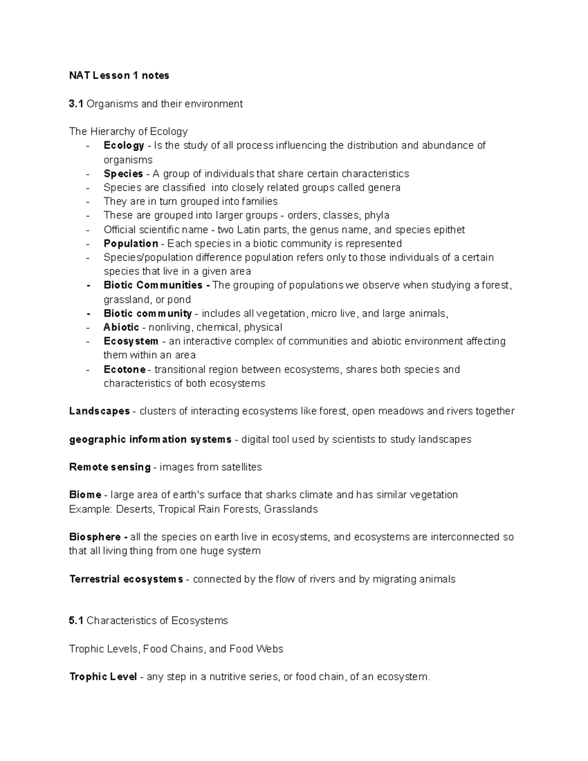 NAT Lesson 1 and 2 notes - NAT Lesson 1 notes 3 Organisms and their ...