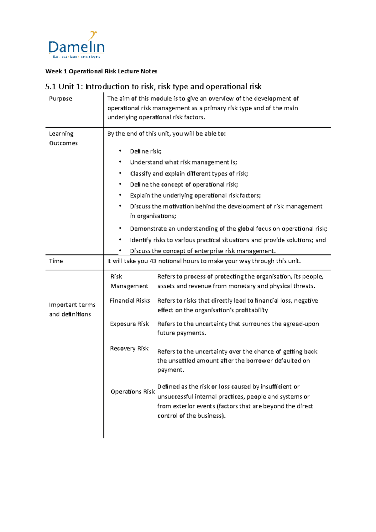 Operational Risk Management: Week 1 Lecture Notes (Course Code) - Studocu