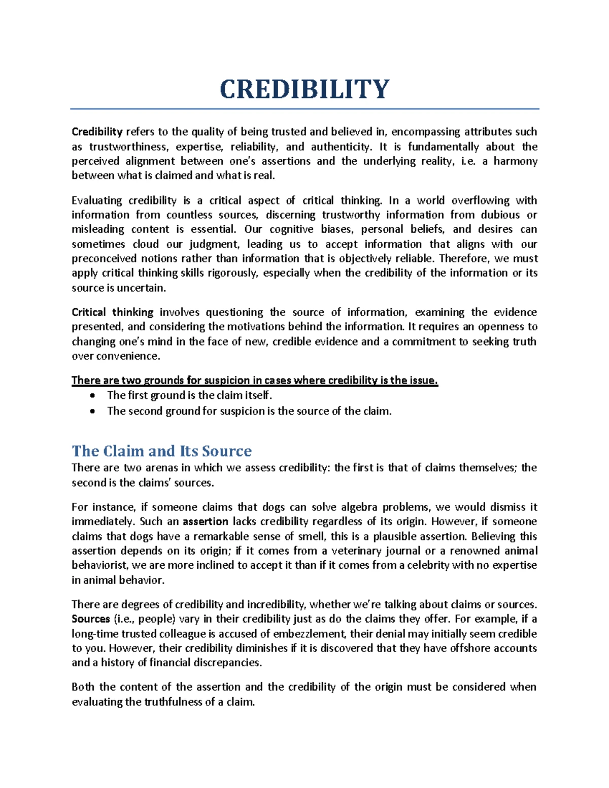 Unit 2 Credibility - Critical Thinking Notes for GE Philosophy - Studocu