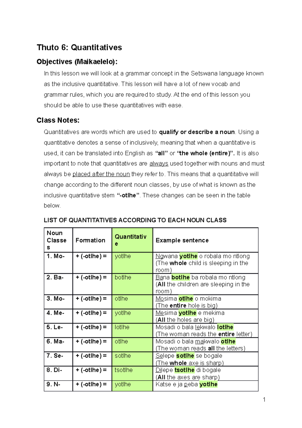 Thuto 6: Class Notes on Inclusive Quantitatives in Setswana - Studocu