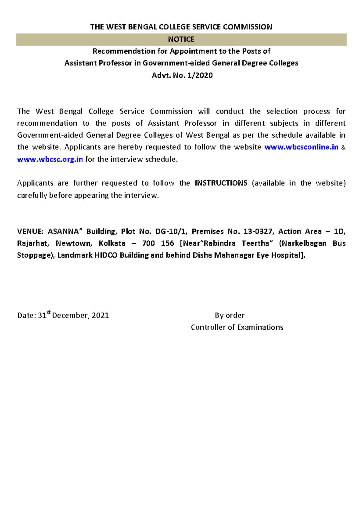 West Bengal College Service Commission Notice: Assistant Professor Advt ...