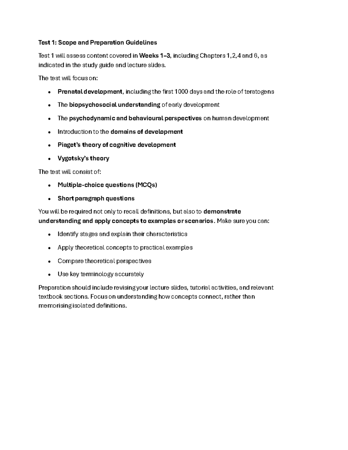 Test 1: Scope and Preparation Guidelines - Studocu