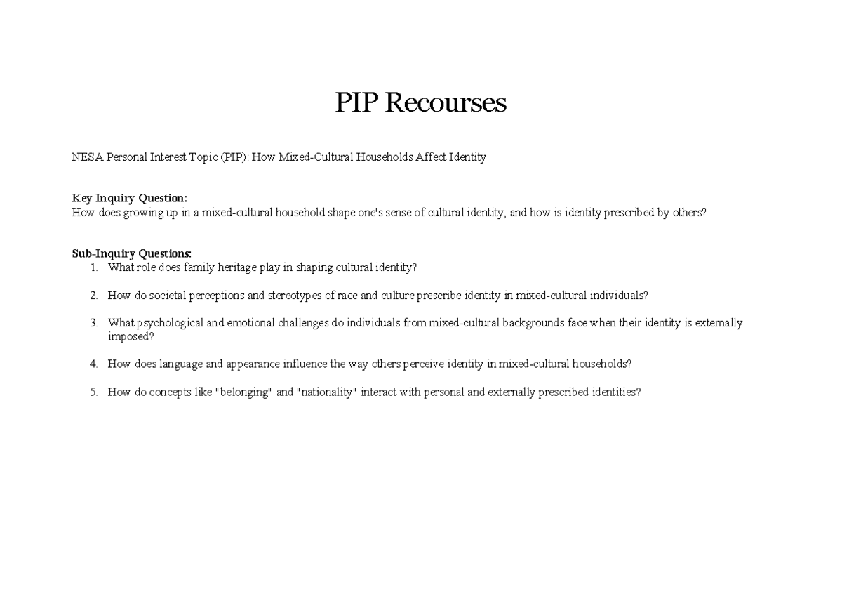 PIP Resources: Cultural Identity in Households and Society - Studocu