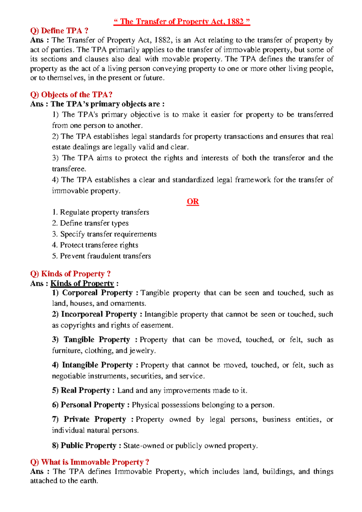 TPA 1882: Comprehensive Overview of Property Transfer & Easements - Studocu