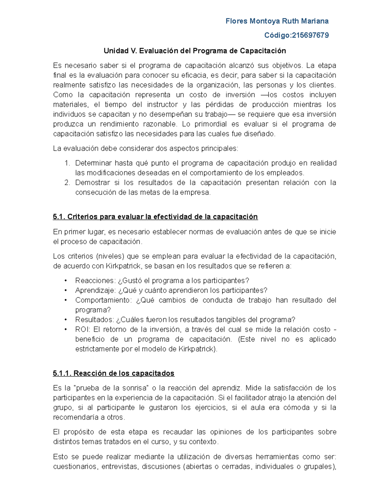 Evaluación del Programa de Capacitación: Unidad V - Análisis y ...