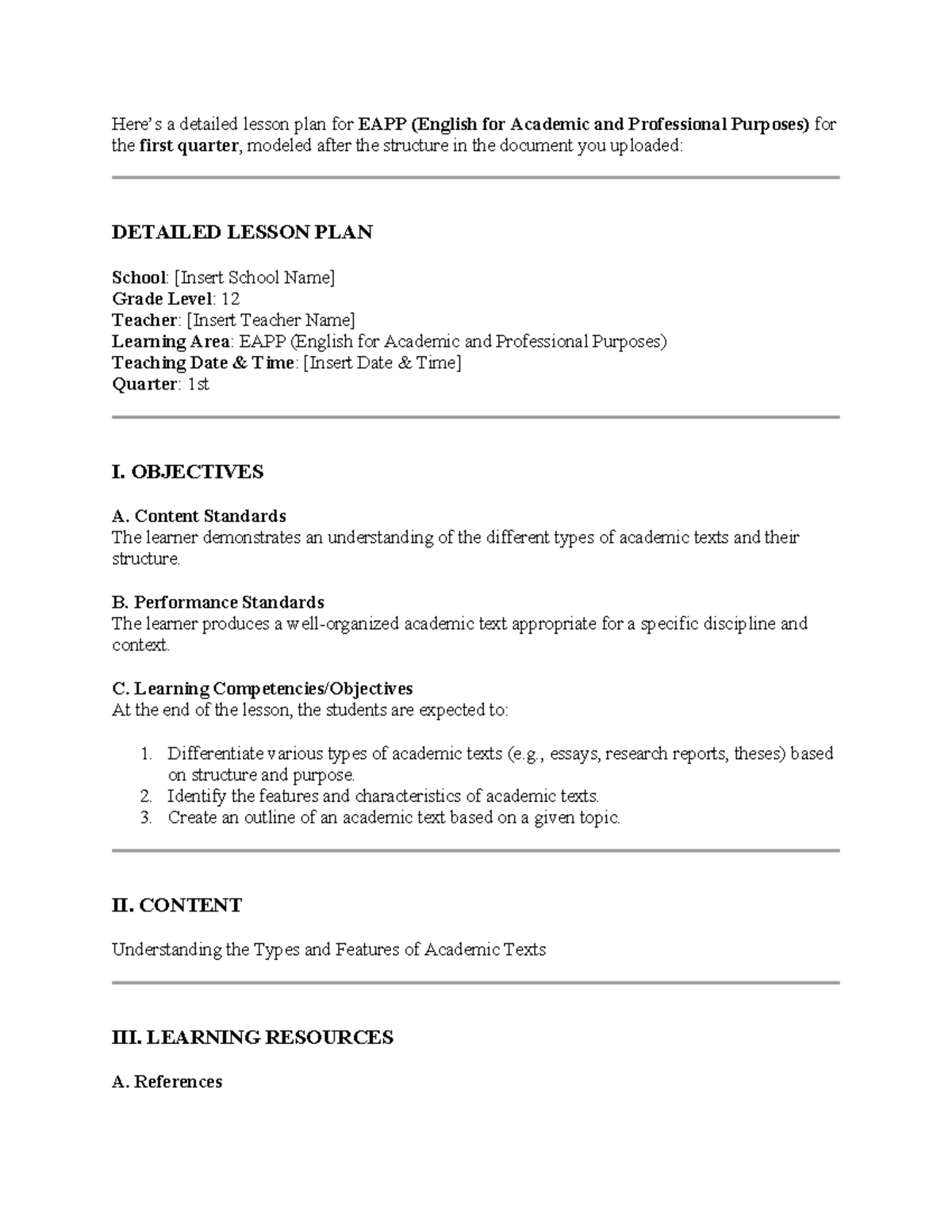 Detailed Lesson Plan for EAPP 12: Understanding Academic Texts - 1st ...
