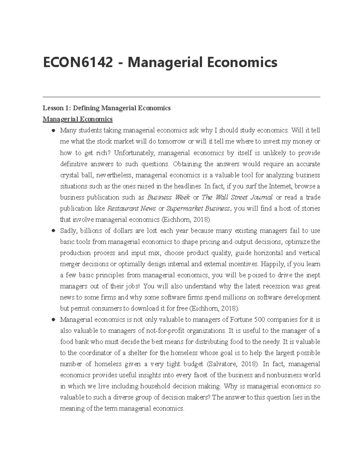 ECON6142 Managerial Economics Lesson 1: Introduction to Concepts - Studocu