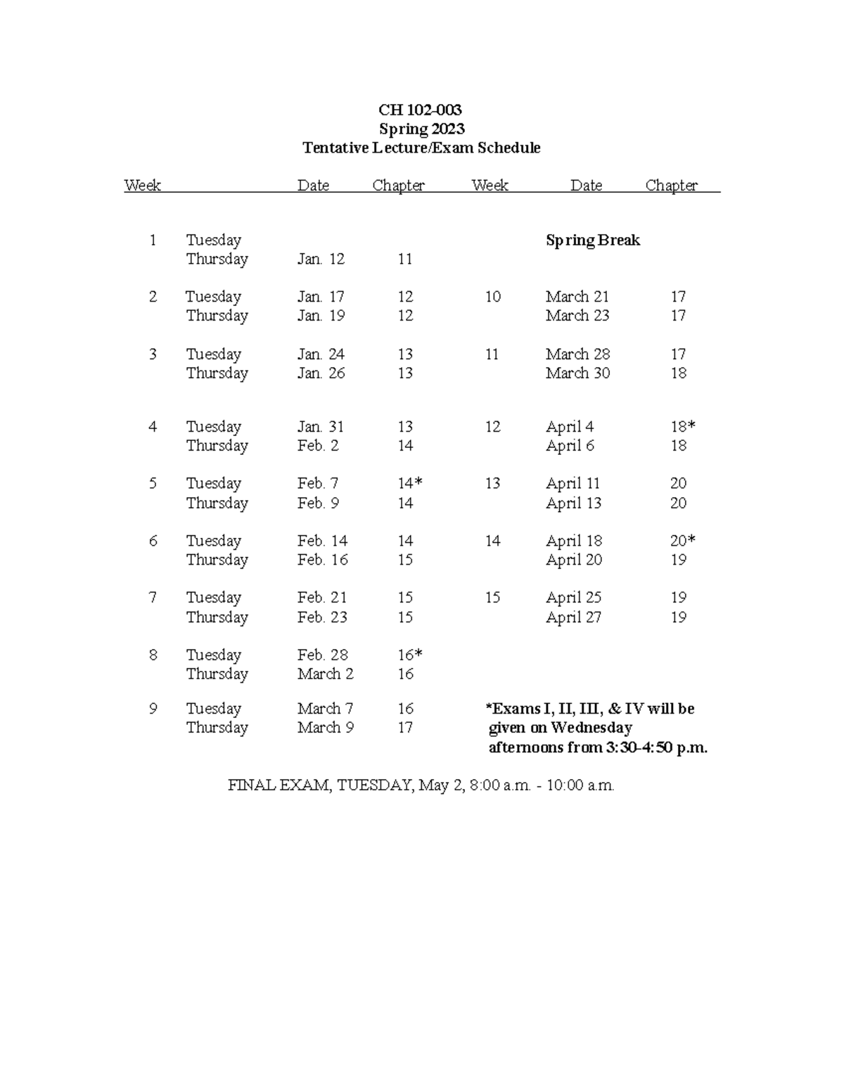 CH 102 spring 2023 - Syllabus - CH 102- Spring 2023 Tentative Lecture ...