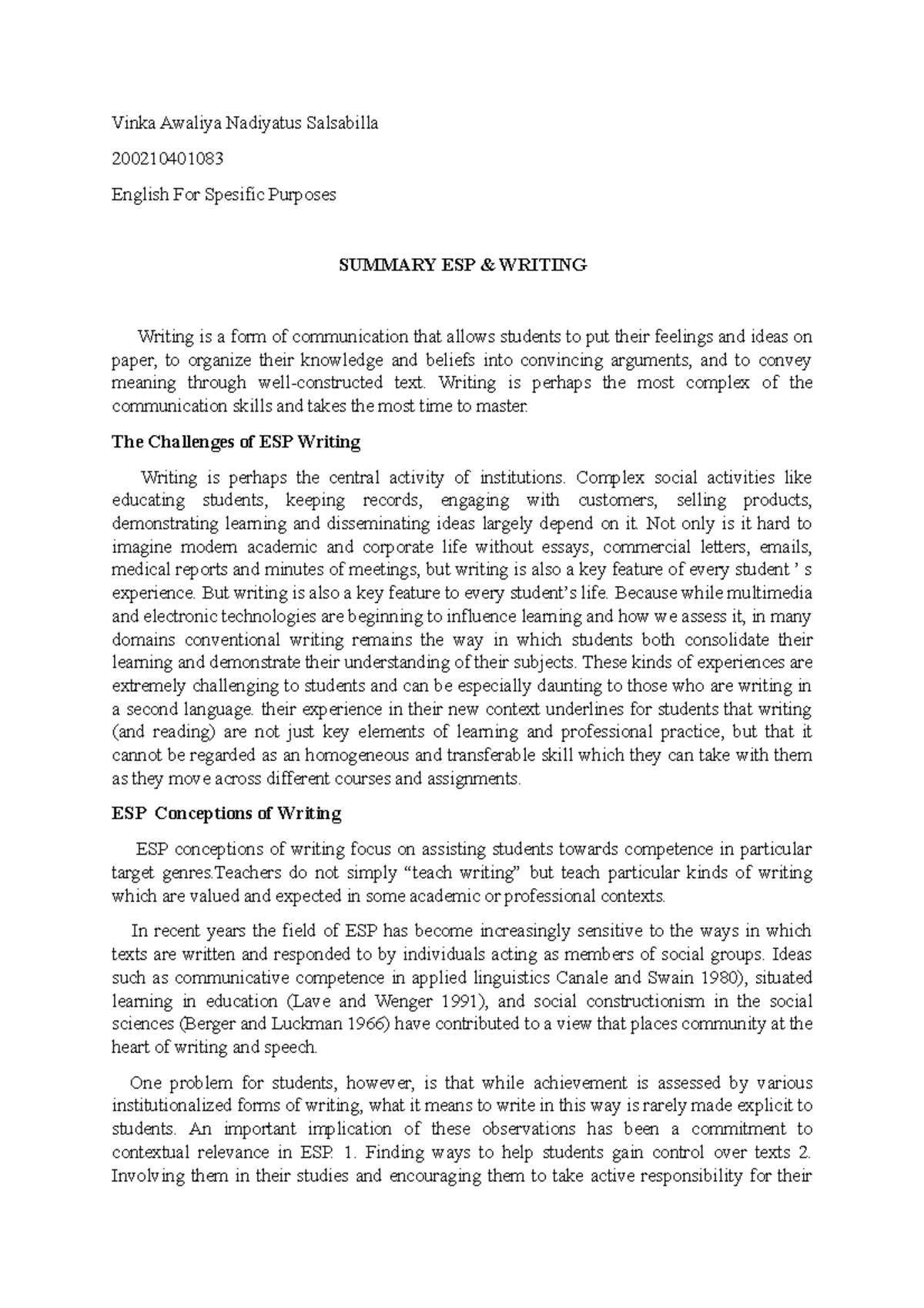 Summary of ESP & Writing (ENG 101) - Studocu