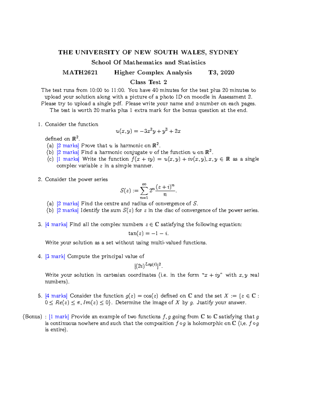 MATH2621 Higher Complex Analysis Class Test 2 - T3, 2020 - Studocu