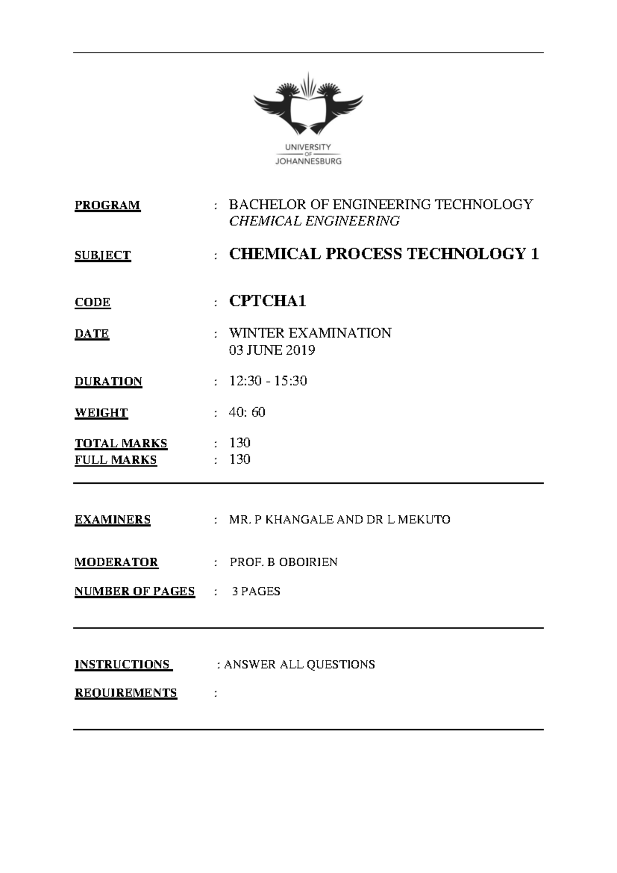 CPTCHA1 Winter Exam 2019: Chemical Process Technology 1 Overview - Studocu