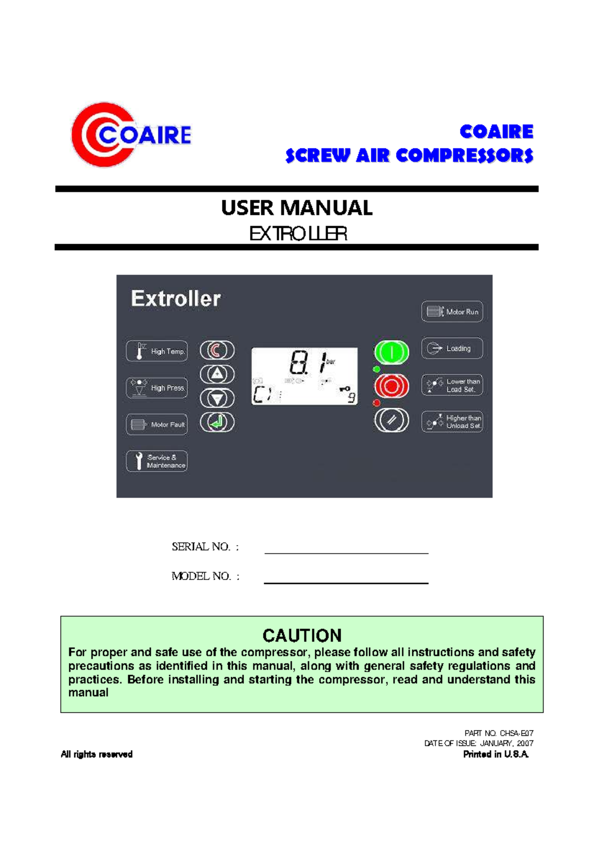 COAIRE Screw Air Compressors User Manual (Model No. CA) - Studocu