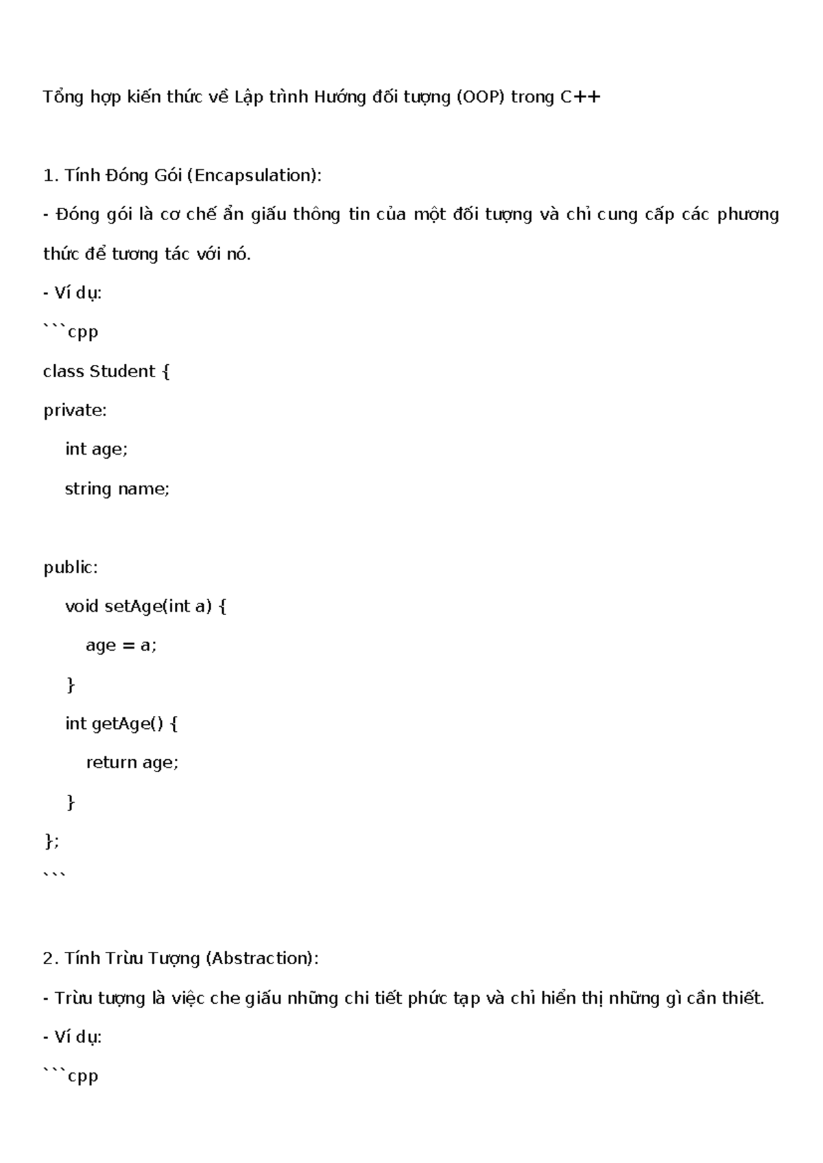 OOP Concepts in C++ - Key Knowledge Summary - Studocu