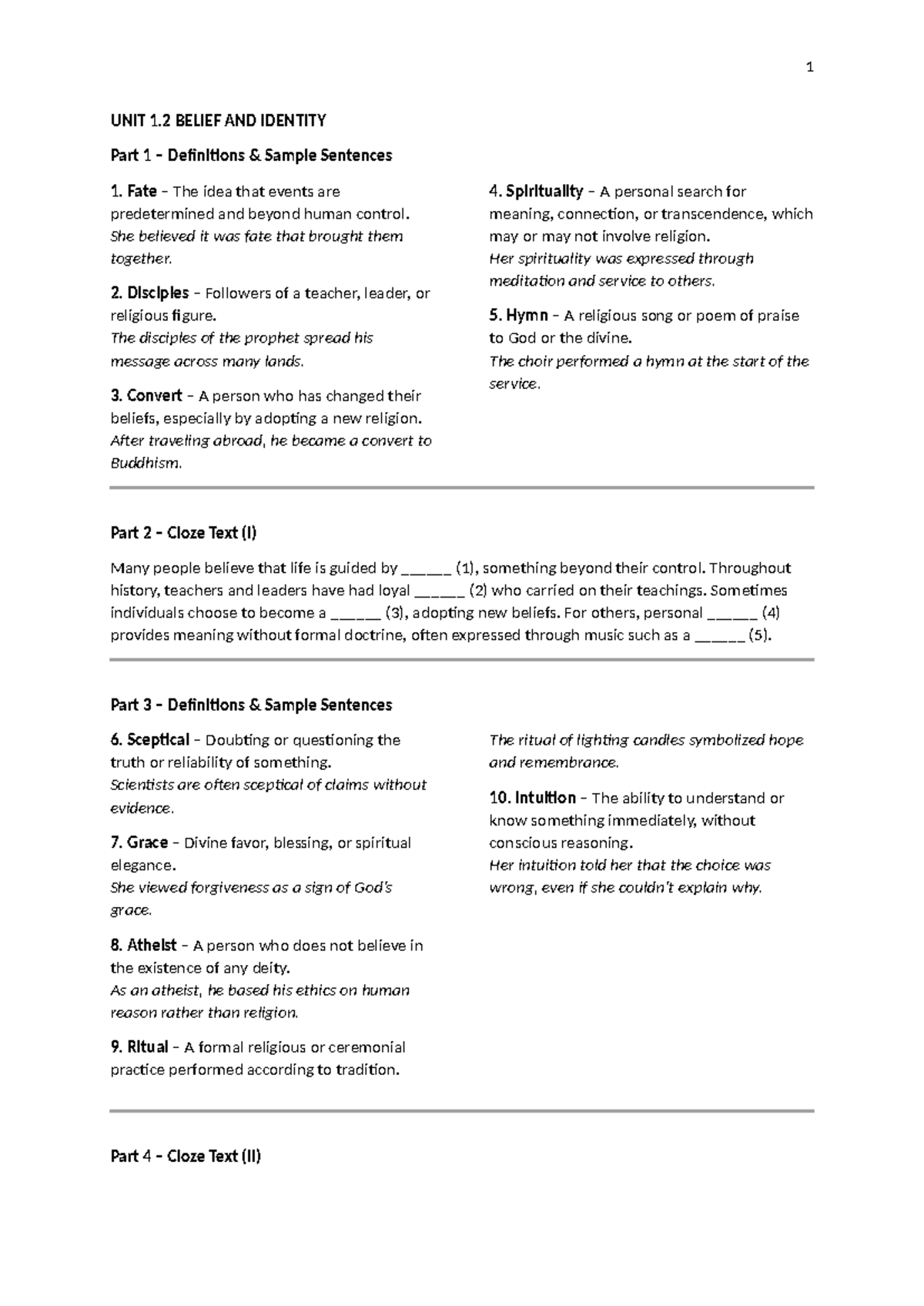 1 UNIT 1.2 BELIEF AND IDENTITY Vocabulary Exercise - Studocu