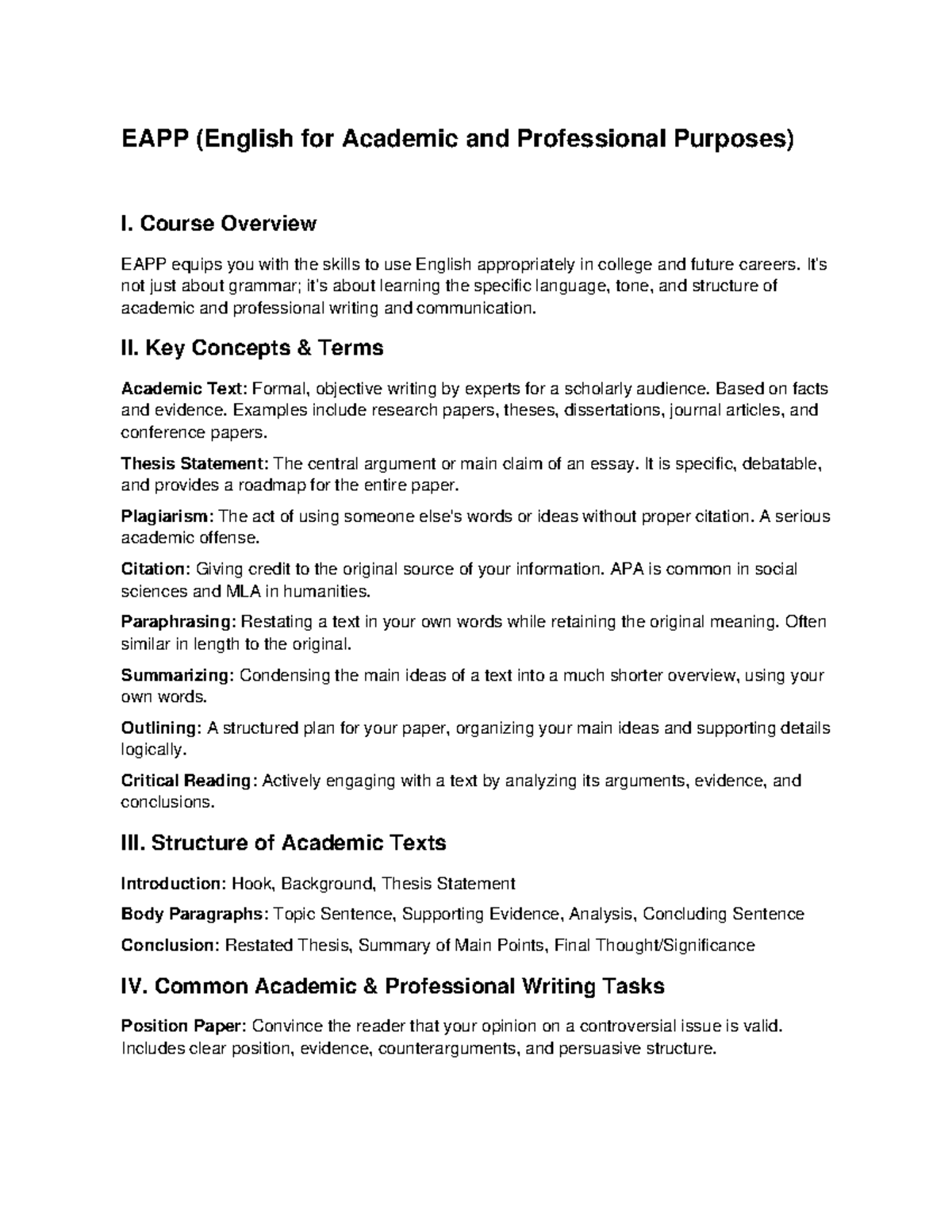 EAPP I: Study Summary on Academic Writing Skills and Concepts - Studocu