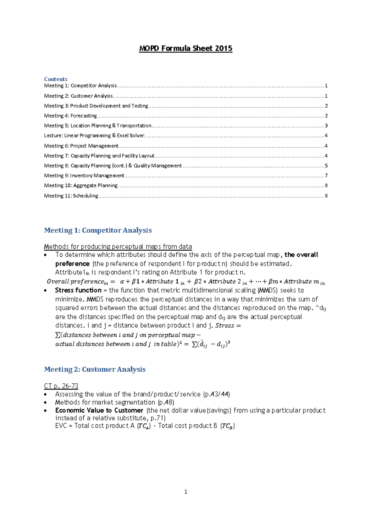 MOPD 2015: Operations & Product Development Formula Sheet - Studeersnel