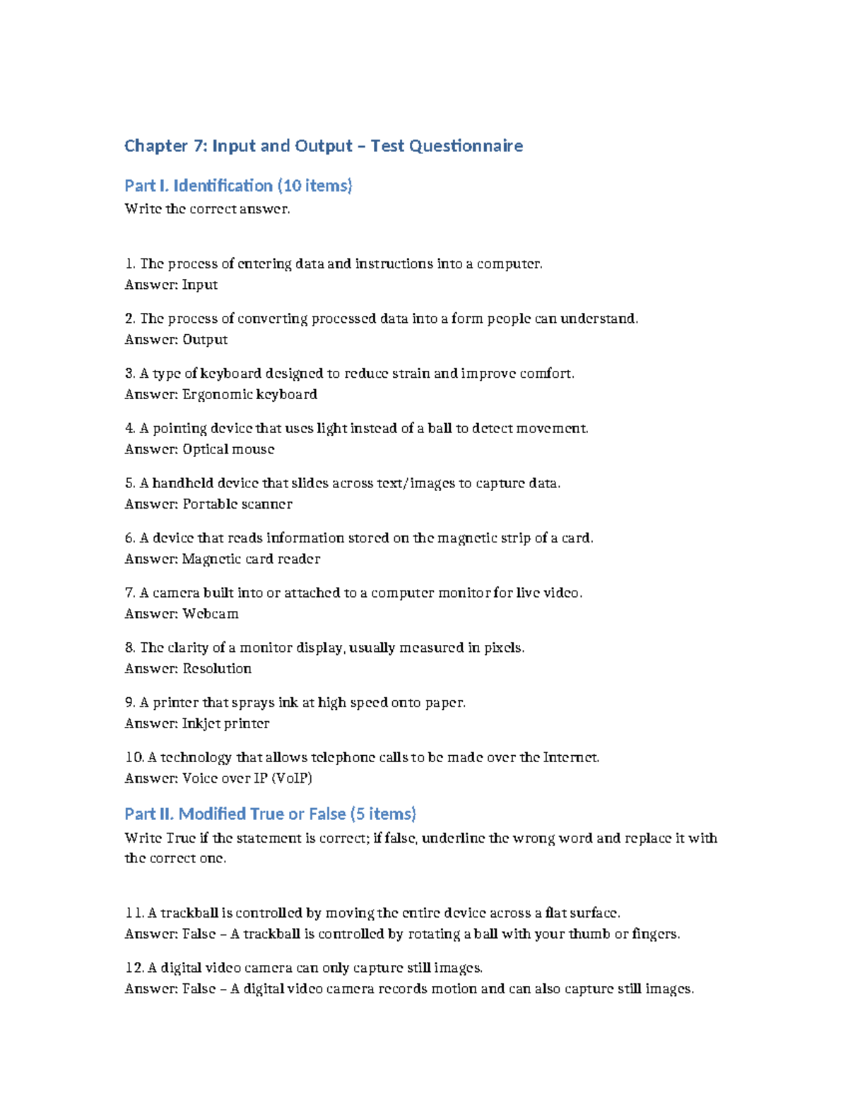 Chapter 7: Input and Output Test Questionnaire (10 Items) - Studocu