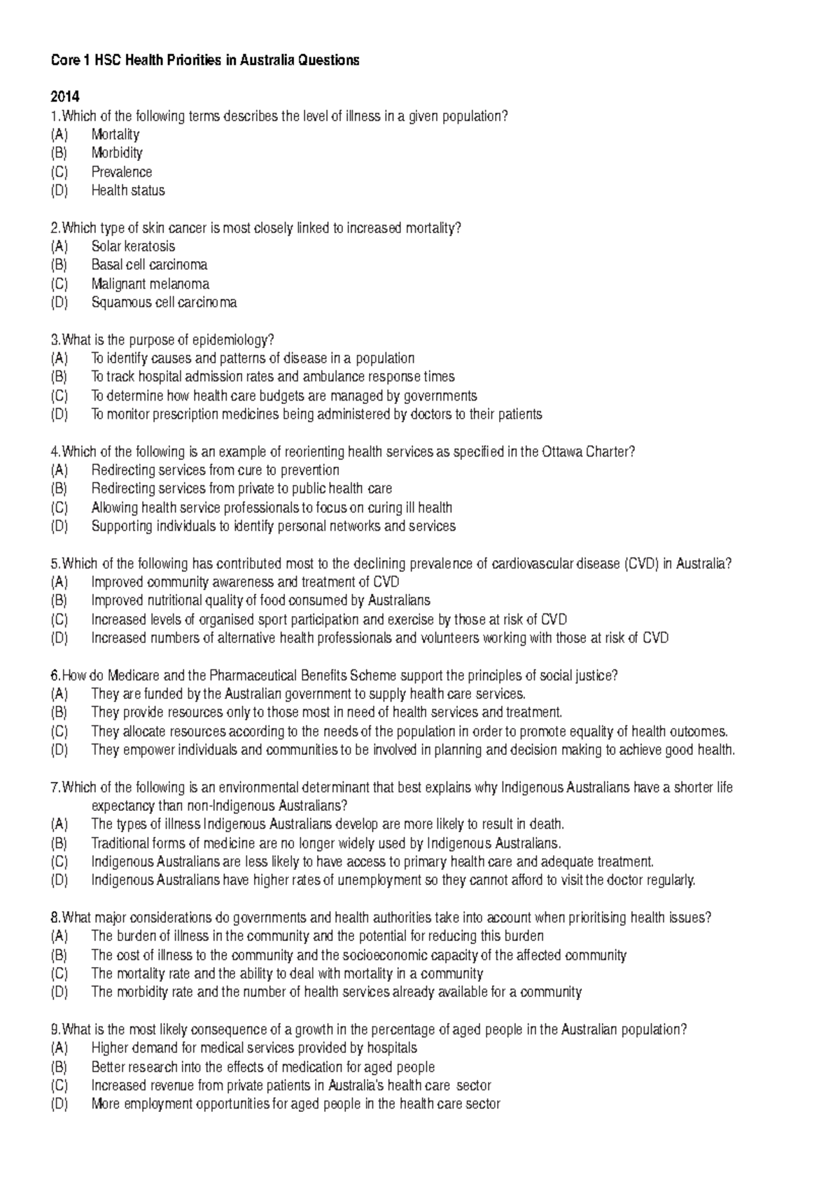Core 1 HSC PDHPE Health Priorities Questions & Answers 2010-2014 - Studocu