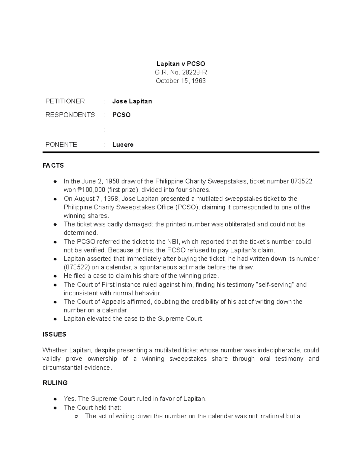 Lapitan v PCSO G.R. No. 1963 - Case Digest on Mutilated Ticket Claim ...